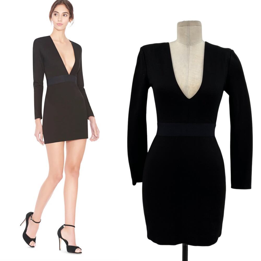 Alice + Olivia Simone Mini Dress Deep V Strong Shoulder Pads Ponte Black Size 0